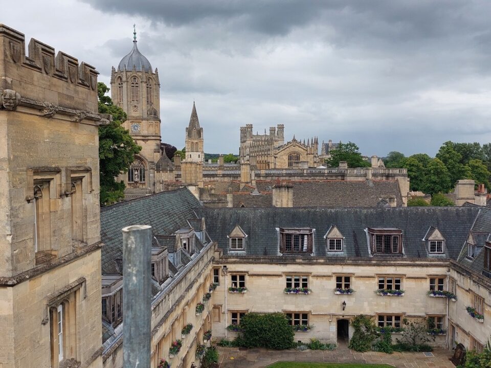 View from Staircase 7, looking over Old Quad towards Tom Tower